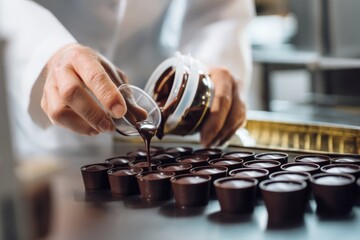 In a bustling kitchen, a chocolatier in a white coat skillfully pours tempered chocolate into molds, preparing for delicious confectionery creations Generative AI