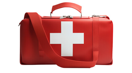 A red first aid kit with a white cross on a transparent background