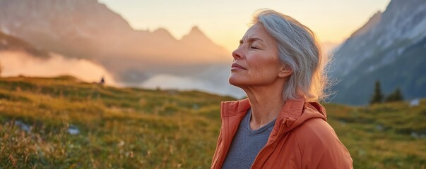 Obraz premium Serene Sunset Mountain Vista: A Woman Finds Peace in Nature's Embrace