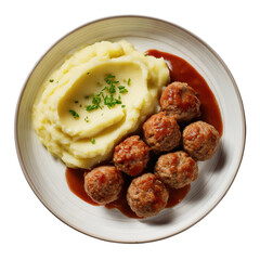 Delicious Meatballs with Creamy Mashed Potatoes and Savory Gravy on transparent background
