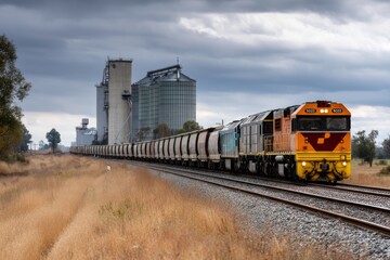 Fototapeta premium A freight train, loaded with grain containers, travels past a quarry site where a landfill for solid household waste is under development Generative AI