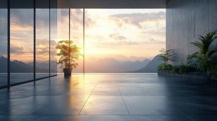 A modern interior with large glass windows, showcasing a stunning sunset view over mountains and featuring indoor plants.