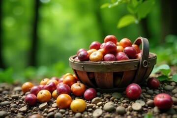 A rustic wooden basket overflowing with vibrant, freshly picked autumn fruits spills onto a bed of pebbles, bathed in the soft light of a sun-dappled forest.