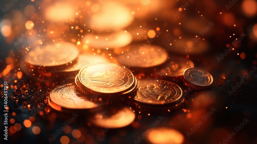 Poster a close-up view of shimmering coins scattered on a surface, illuminated by soft light, creating a wa