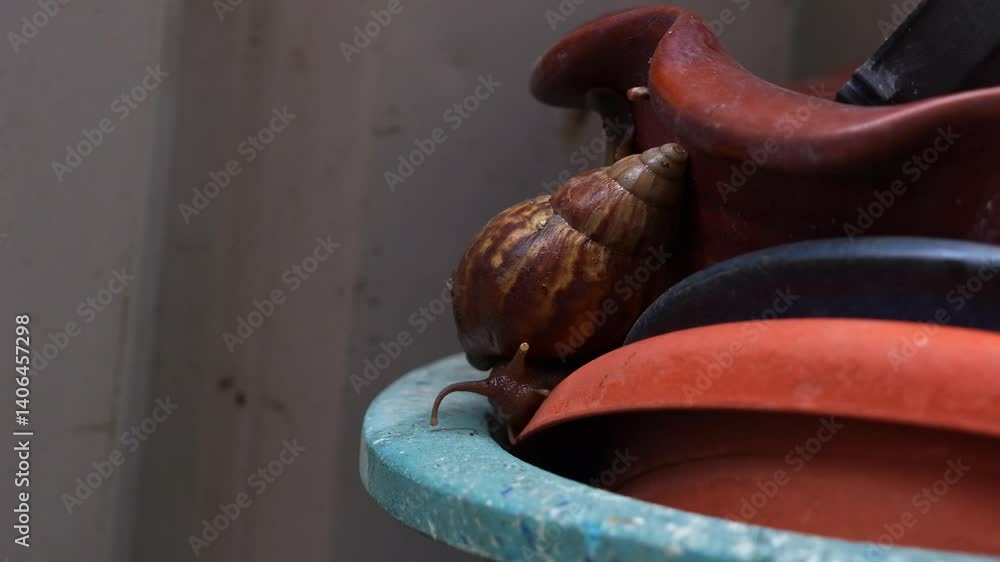 Poster a brown snail with a large, spiral-patterned shell slowly moving and crawling along the edge of a fl