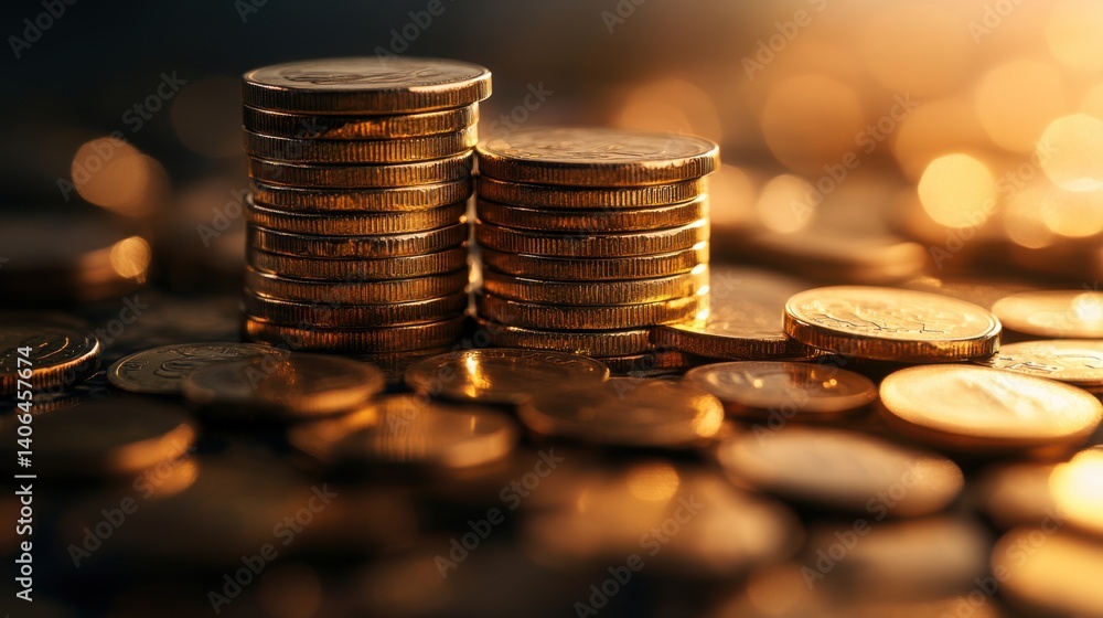 Poster a close-up of stacked coins glistening in warm light, with a soft-focus background of scattered coin