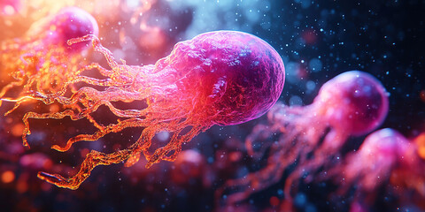 Naklejka premium Light pink sperm reproduction cells observed under a microscope in dark environment. Header banner mockup with copy space.