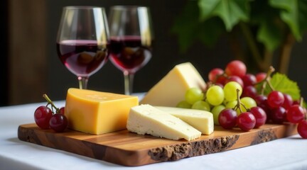 A delectable arrangement of cheeses and grapes, complemented by two glasses of rich red wine, presented on a rustic wooden board.