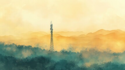 Obraz premium Golden hour view of a transmission tower atop a misty mountain range.