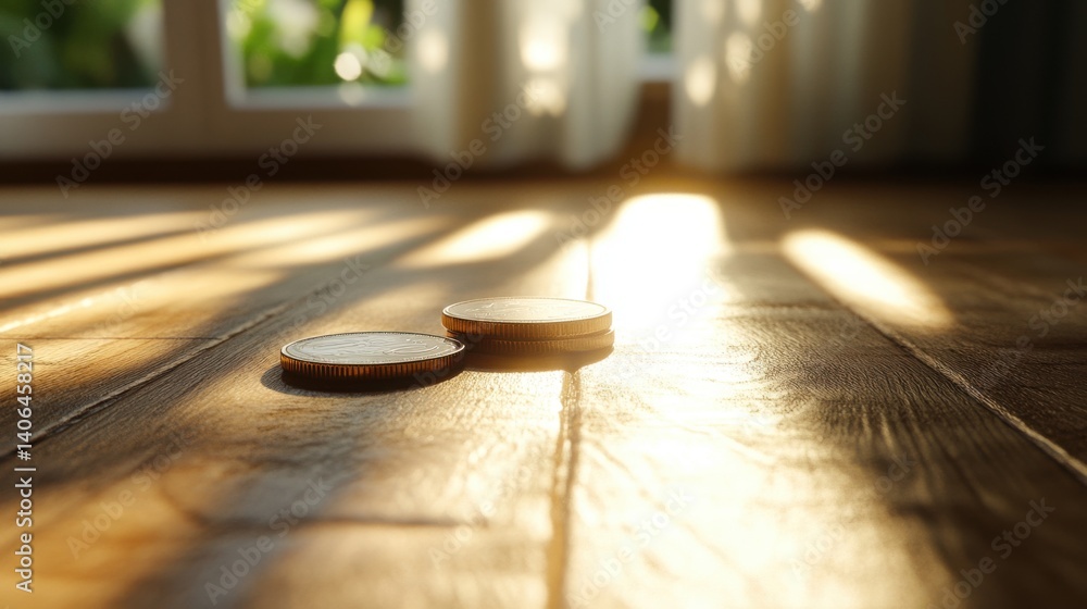 Poster two coins are resting on a wooden floor, illuminated by soft sunlight streaming through a window, cr