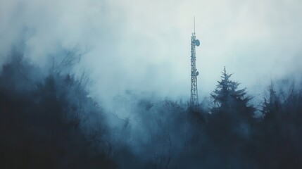 Misty mountaintop with communication tower.