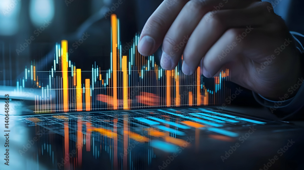 Poster close up of hand interacting with glowing 3d financial chart projected on a touchscreen in a dark of