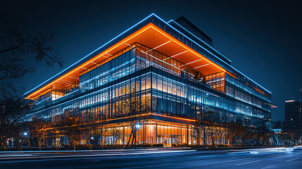 Fototapeta premium Sleek corporate building with glass facade and vibrant lighting at night