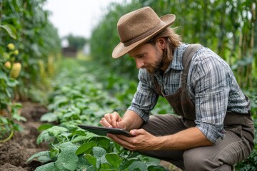 A professional checks crop conditions using a tablet in a landfill development site, where polyethylene film is laid to protect soil from contamination Generative AI