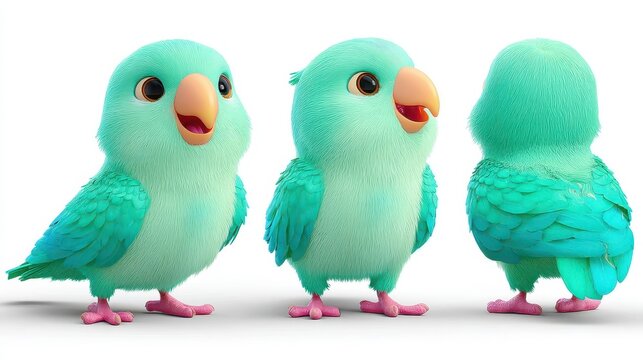 Three teal-colored cartoon parakeets displayed in various views.