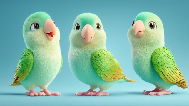 Three adorable, cartoonish parakeets in a light-hearted pose.