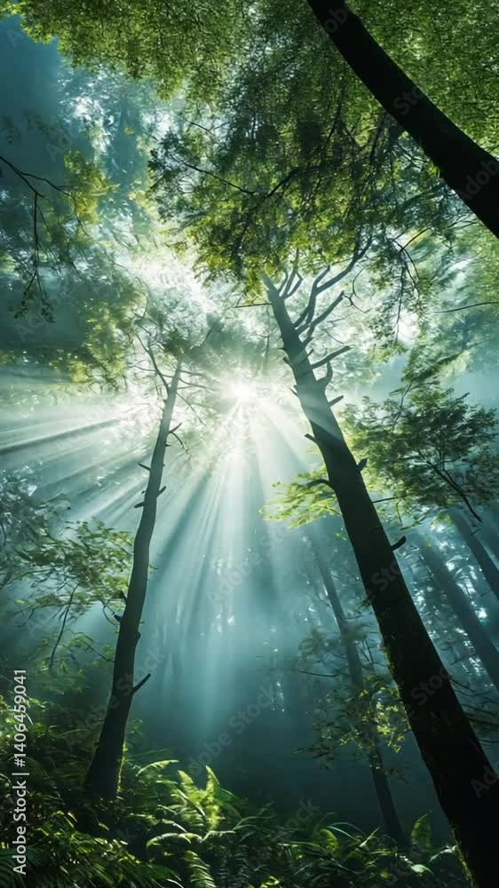 Poster sunlight filtering through tall trees in a serene forest