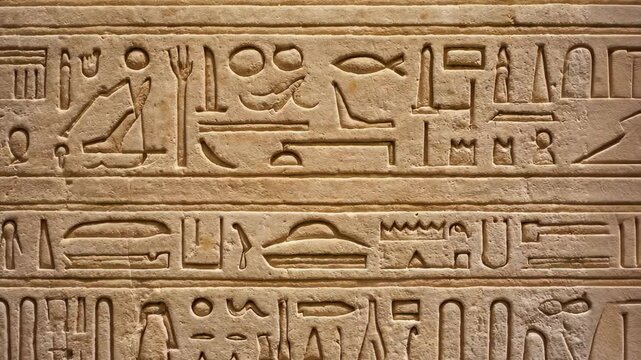 Detailed Egyptian Hieroglyphs Carved into Stone, Ancient Symbols and Text, Archaeological Site, Close Up View