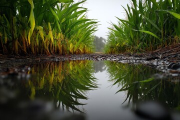Quarry site under landfill development features polyethylene film to prevent soil contamination, mirrored in puddle after recent rain shows vibrant greenery Generative AI
