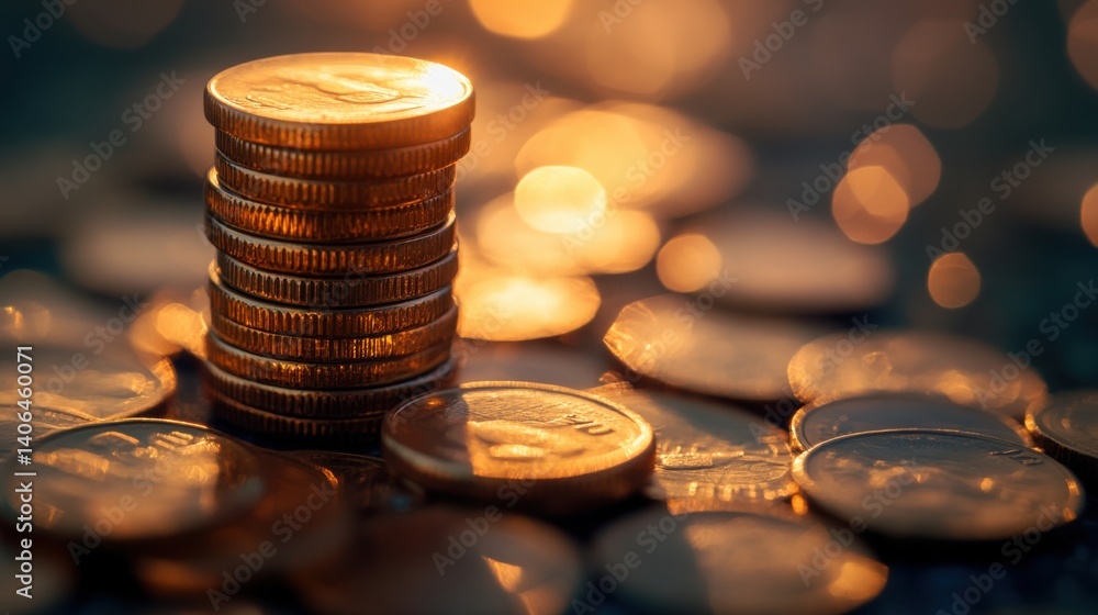 Poster a stack of shiny coins glimmers against a blurred background, creating a warm, inviting atmosphere.