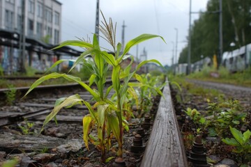 Obraz premium At a quarry site preparing for a landfill, a stalk grows resiliently between railway tracks, highlighting nature's persistence amid industrial activity Generative AI