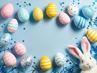 Easter party. Top view photo of easter bunny ears white pink blue, yellow eggs and confetti 2
