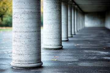 Naklejka premium A series of concrete columns create a rhythmic pattern in a spacious walkway, with a smooth surface and a subtle depth leading into the distance.