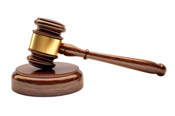 Wooden judge gavel with gold band on sound block isolated on transparent background, Symbol of law and justice, Auction hammer