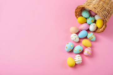 Obraz premium Pastel Easter Eggs Spilling from Wicker Basket on Pink Background