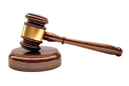 Wooden judge gavel with gold band on sound block isolated on transparent background, Symbol of law and justice, Auction hammer - Powered by Adobe