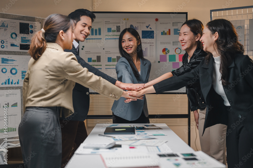 Poster group of asian businesspeople joining hands, exemplifying teamwork and collaboration in a corporate 