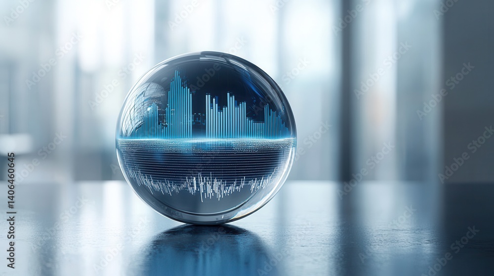 Poster a futuristic glass orb displays digital sound waves and data visualization, symbolizing technology a