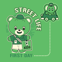 Cute cartoon bear with elephant  , Flat Vector Illustration