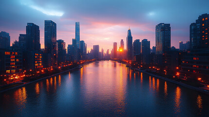 Fototapeta premium vibrant city skyline at sunset reflects on calm river