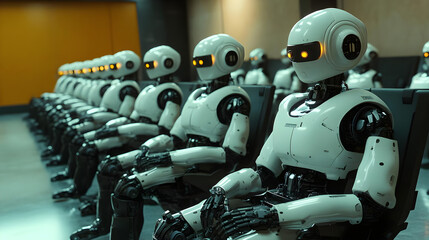 Fototapeta premium Rows of seated robots, ready for action