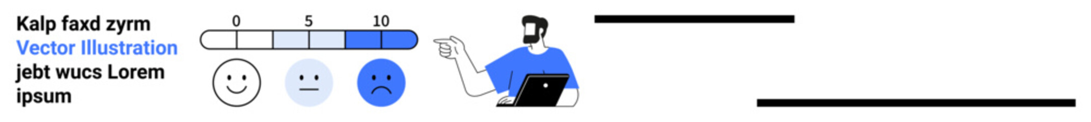 Feedback bar with numbered scale, happy face icons showing emotions from happy to sad, person with laptop. Ideal for feedback collection, evaluations, surveys, analytics, customer experience, data