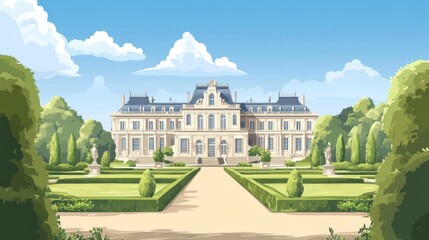 Obraz premium Elegant French chateau, meticulously landscaped gardens.