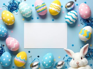Easter party. Top view photo of easter bunny ears white pink blue, yellow eggs and confetti 3