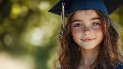 A smiling girl in a graduation cap, showcasing excitement and joy, surrounded by a soft, blurred green background.