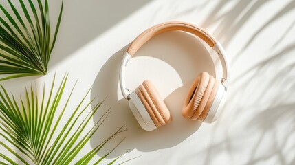 Fototapeta premium Wireless headphones flat lay on white, beige leather accents and clean shadows