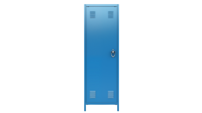 Isolated single blue metal locker against a transparent background