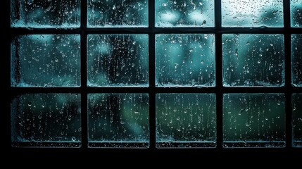 Rainy window pane detail. Dark, teal-toned squares, rain drops