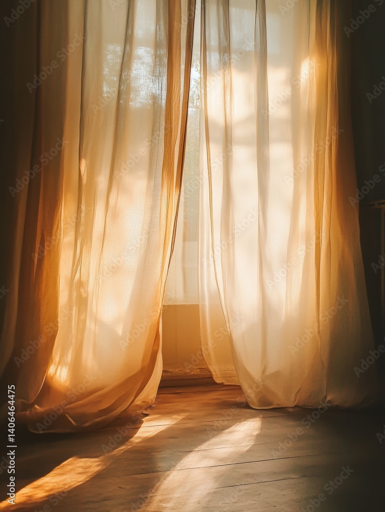 Poster sunlight streaming through translucent curtains in a cozy minimal room creating a peaceful ambiance 