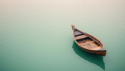 Serene Wooden Rowboat on Calm Teal Water Peaceful Lake Scenery