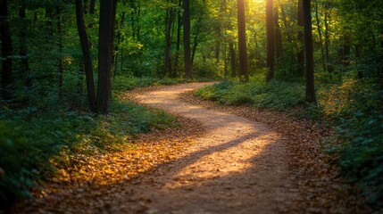 Obraz premium Path winds through trees, sunlight streams into forest, casting long shadows