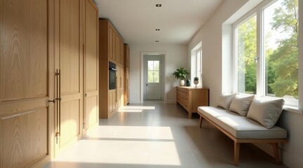 Sunlit Hallway with Light Oak Cabinets and a Comfortable Bench