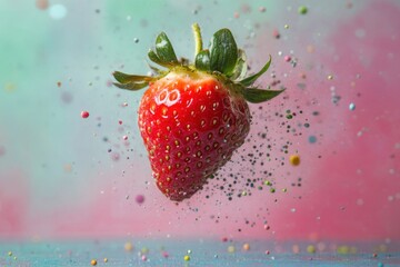 Vibrant strawberry in mid-air, surrounded by colorful sprinkles.  Fresh, juicy, and bursting with flavor