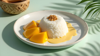 A beautifully plated Thai mango sticky rice dessert with sliced mangoes, creamy coconut sauce, and toasted mung beans on a white dish.