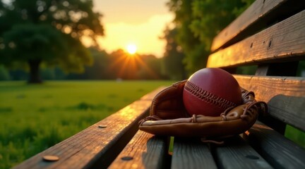 Golden Hour Serenity A Baseball Glove and Ball Resting on a Wooden Bench in a Tranquil Park at Sunset