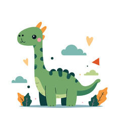 A whimsical illustration of a charming, green dinosaur, surrounded by foliage and playful shapes.